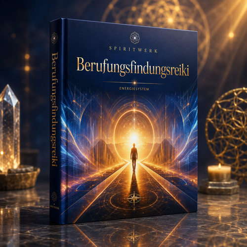 Ein angenehmes Buch-Cover mit dem Titel Berufungsfindungs-Reiki. Im Hintergrund sind spirituelle Elemente wie ein Bergkristall, eine kleine Kerze und eine 3D Repräsentanz eines Mandalas sichtbar.